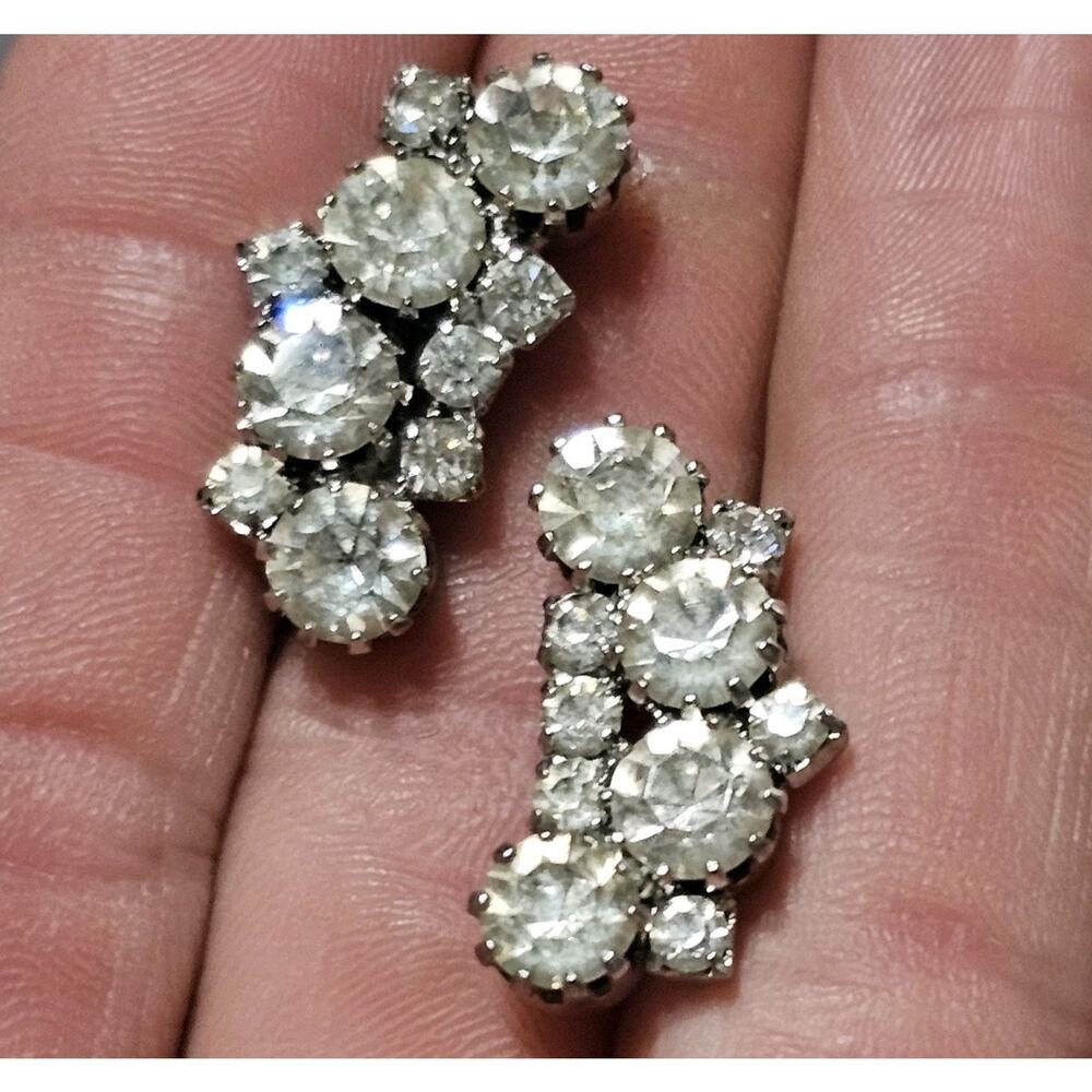 Vintage Clear Rhinestone Cluster Climber Huggie Earrings
